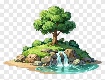 Cartoon Tree By A Waterfall PNG