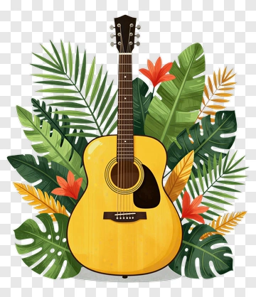 Guitar Surrounded By Tropical Leaves PNG