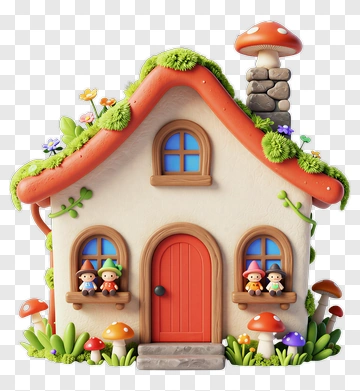 Colorful Cartoon House With Garden And Figures PNG