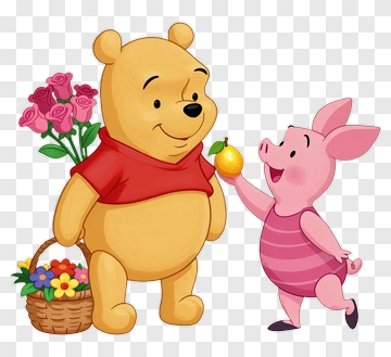 Cartoon Winnie The Pooh And Piglet Holding Flowers And A Lemon PNG