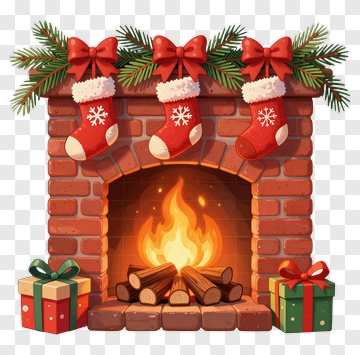 Christmas Fireplace With Stockings And Presents PNG