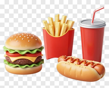 Fast Food Combo With Burger, Hot Dog, Fries, And Drink PNG