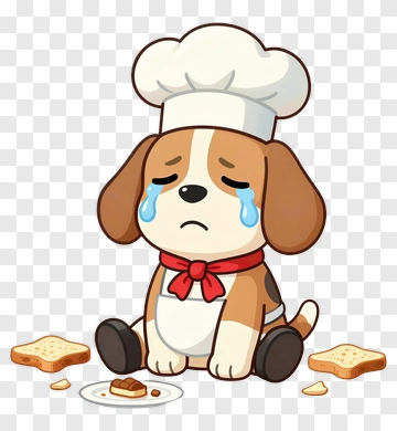 Cartoon Dog Chef Looking Sad With Bread Crumbs PNG