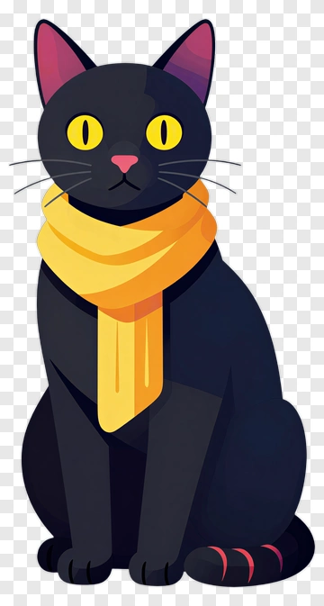 Cartoon Black Cat Wearing A Yellow Scarf PNG