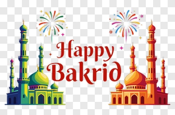 Happy Bakrid Celebration With Colorful Mosques And Fireworks PNG