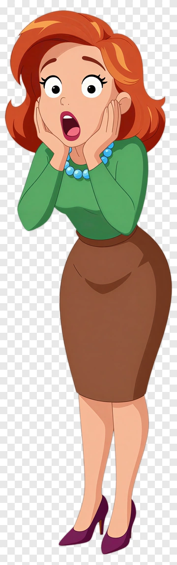 Surprised Cartoon Woman In Green Top And Brown Skirt PNG