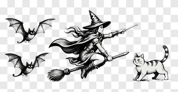 Cartoon Witch Flying On A Broomstick With Bats And A Cat PNG