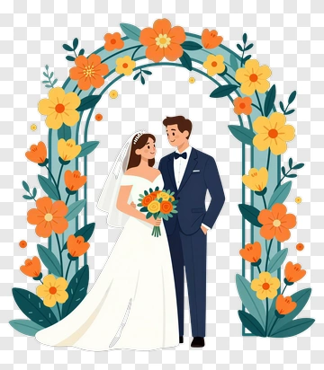 Happy Wedding Couple Under Floral Arch PNG