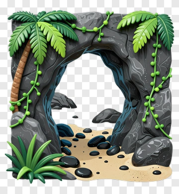 Tropical Cave Entrance With Palm Trees PNG