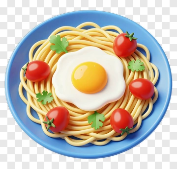 Plate Of Spaghetti With Egg And Tomatoes PNG