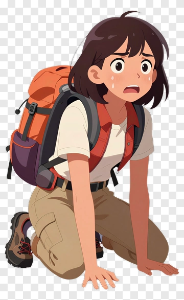 Worried Young Woman Kneeling With Backpack PNG