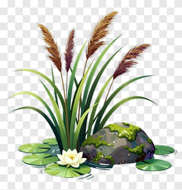 Lily Pad With Stone And Grass PNG