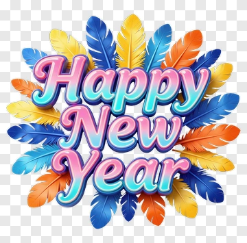 Happy New Year Greeting With Colorful Feathers PNG