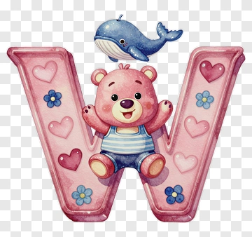 Cute Cartoon Bear With Whale On Letter W PNG