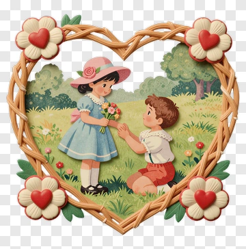 Vintage Children Holding Flowers In Heart Frame PNG