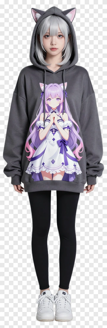 Girl In Gray Hoodie Featuring Anime Character PNG