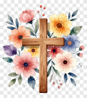 Wooden Cross Surrounded By Colorful Flowers PNG