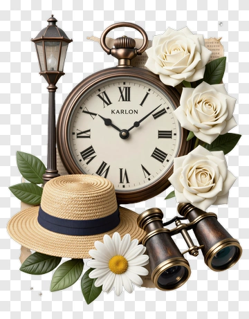 Vintage Clock With Flowers And Binoculars PNG
