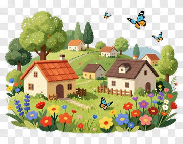 Colorful Farmhouse Landscape With Butterflies PNG