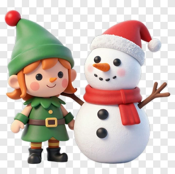 Cartoon Elf With A Snowman PNG