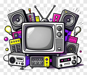 Cartoon Retro Television With Audio Equipment PNG