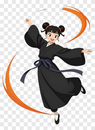 Cartoon Girl In Black Kimono Dancing PNG