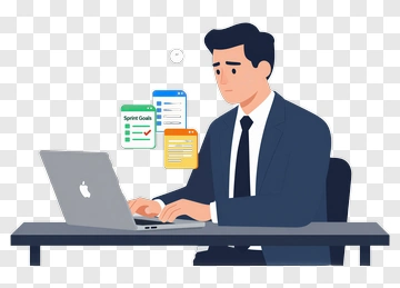 Businessman Working On Laptop With Project Goals PNG
