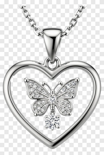 Silver Heart Necklace With Butterfly Pendant PNG