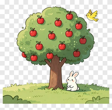 Cartoon Apple Tree With Rabbit And Bird PNG