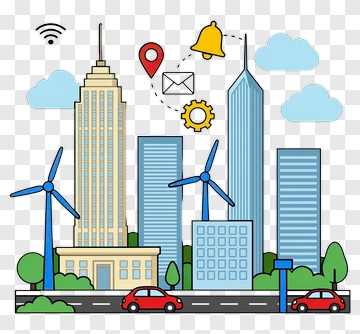 Modern Cityscape With Wind Turbines And Technology Icons PNG