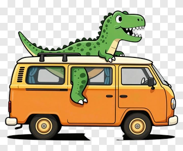Cartoon Dinosaur On An Orange Van PNG