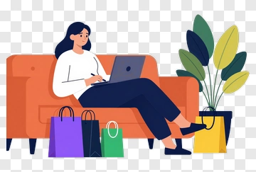 Woman Shopping Online While Sitting On A Couch PNG