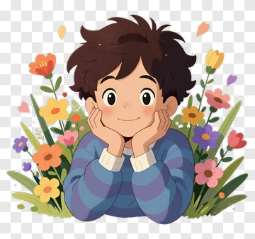 Cartoon Boy Smiling Among Colorful Flowers PNG