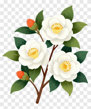 Flowering Branch With White Blossoms And Green Leaves PNG