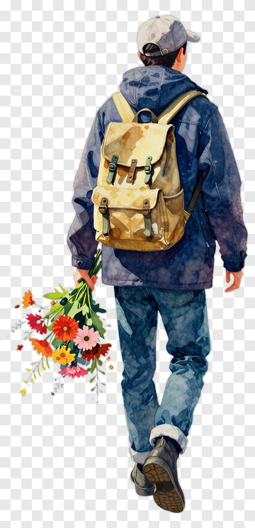 Man Carrying Flowers With Backpack PNG