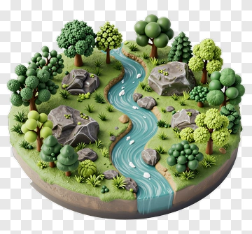 3D Forest Landscape With River And Rocks PNG