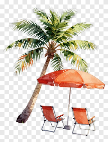 Watercolor Palm Tree With Beach Umbrella And Chairs PNG
