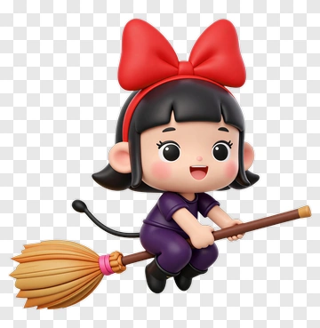 Cartoon Girl Flying On A Broomstick PNG