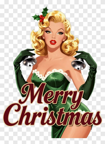 Vintage Christmas Pin-Up Girl Holding Bells PNG