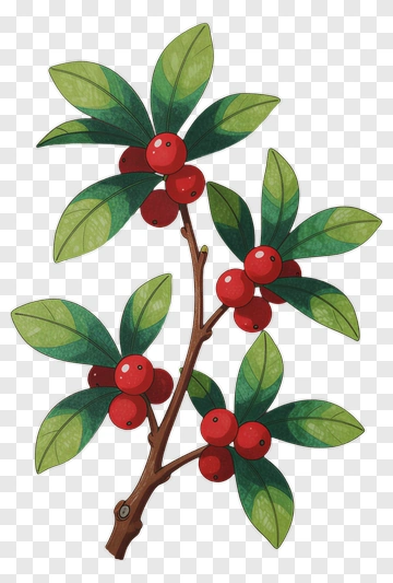 Colorful Holly Branch With Red Berries PNG