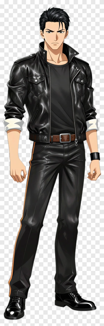 Anime Character In Black Leather Jacket PNG