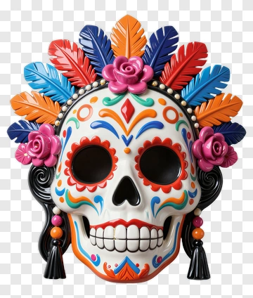 Colorful Sugar Skull With Flowers And Feathers PNG