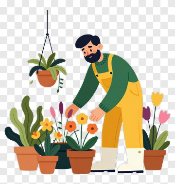 Gardener Caring For Potted Flowers PNG