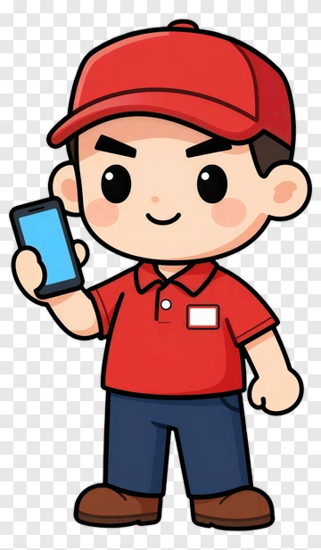 Cartoon Delivery Person Holding A Smartphone PNG