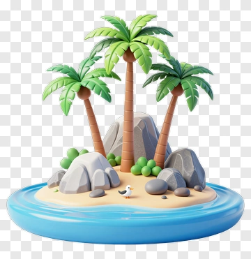 3D Tropical Island With Palm Trees And Rocks PNG