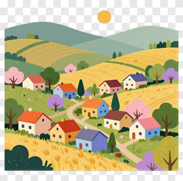 Colorful Countryside Village With Rolling Hills PNG