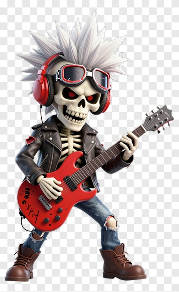 Cartoon Skeleton Playing A Red Electric Guitar PNG