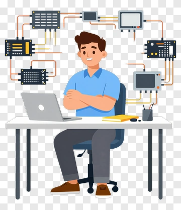 Cartoon Businessman Working At A Desk With Technology PNG