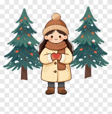 Cartoon Girl Holding A Heart In Front Of Christmas Trees PNG