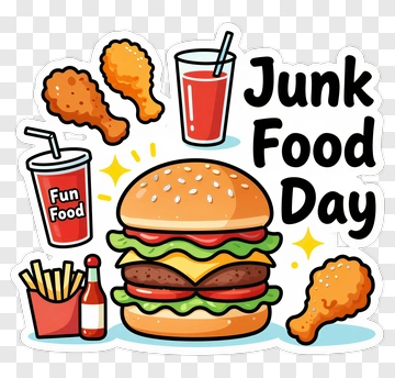 Junk Food Day Illustration Featuring A Hamburger And Drinks PNG
